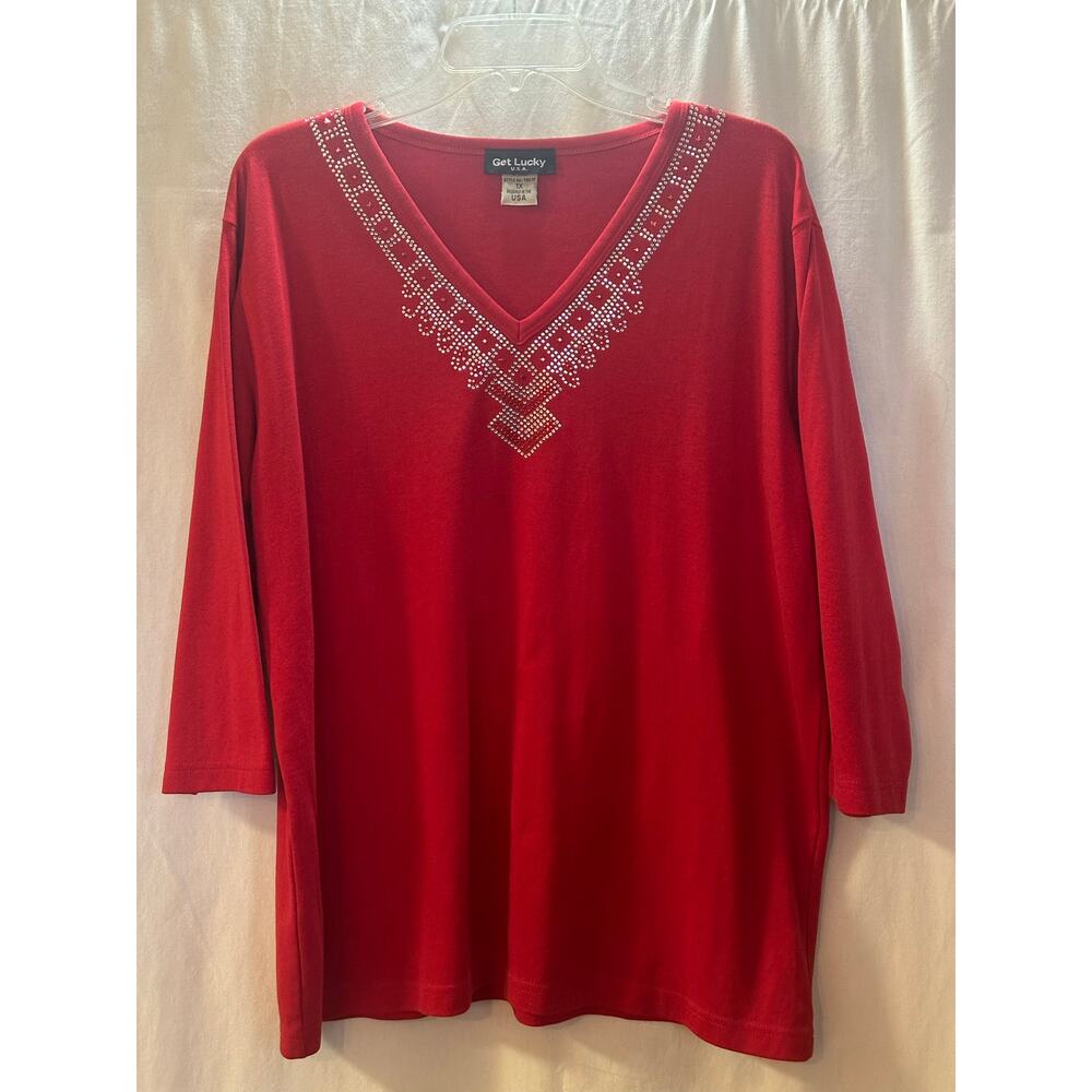 Get Lucky Embellished V-Neck Top – Red | Size 1X